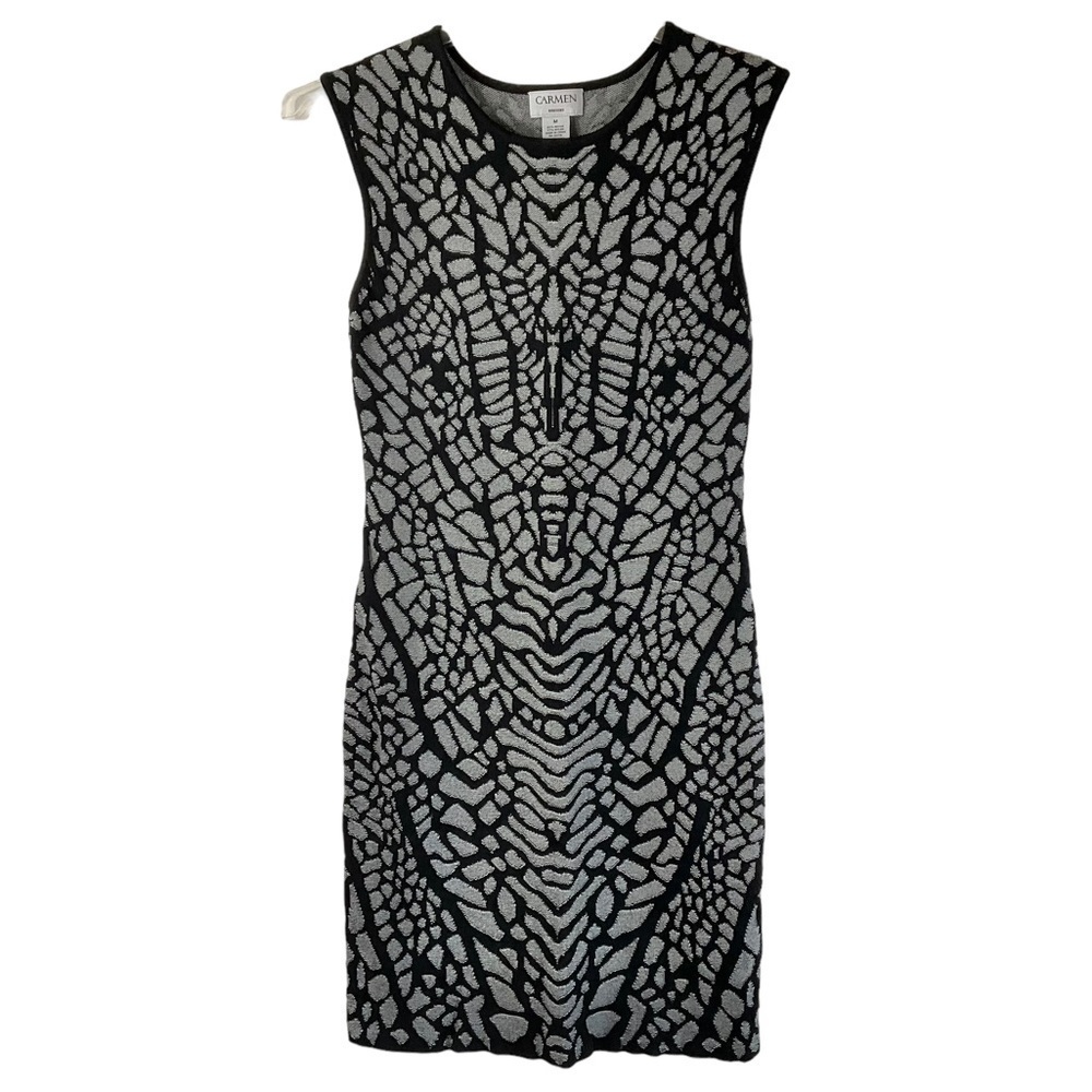Carmen Mark Valvo Black Grey Knit Midi Dress M Print Bodycon